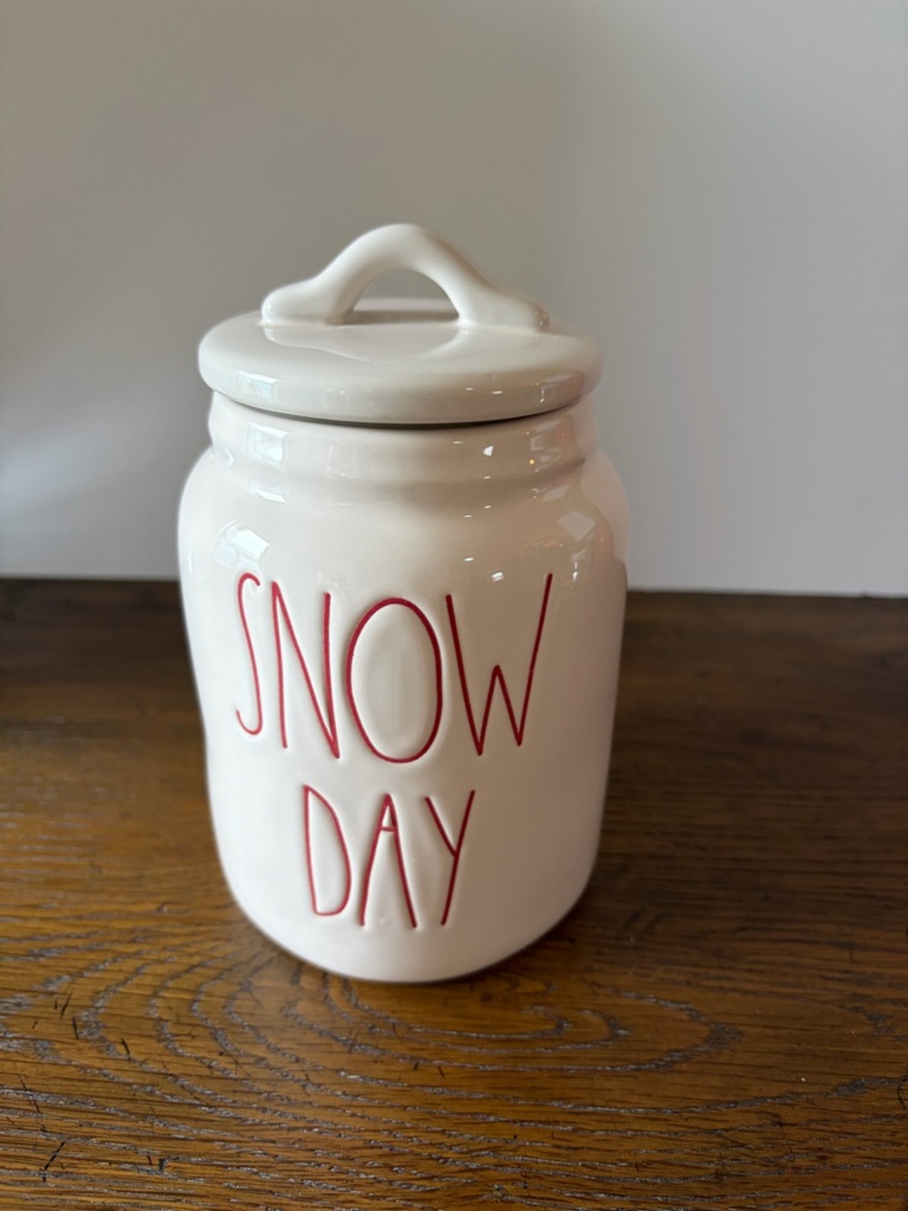 Rae Dunn Glossy Snow Day Ceramic Canister - Cream with Red Lettering